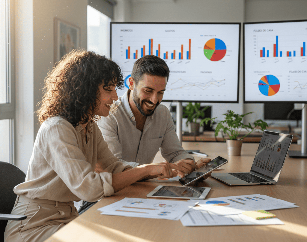 Familia emprendedora revisando finanzas juntos en una oficina moderna con gráficos financieros en pantallas y documentos organizados sobre una mesa de madera