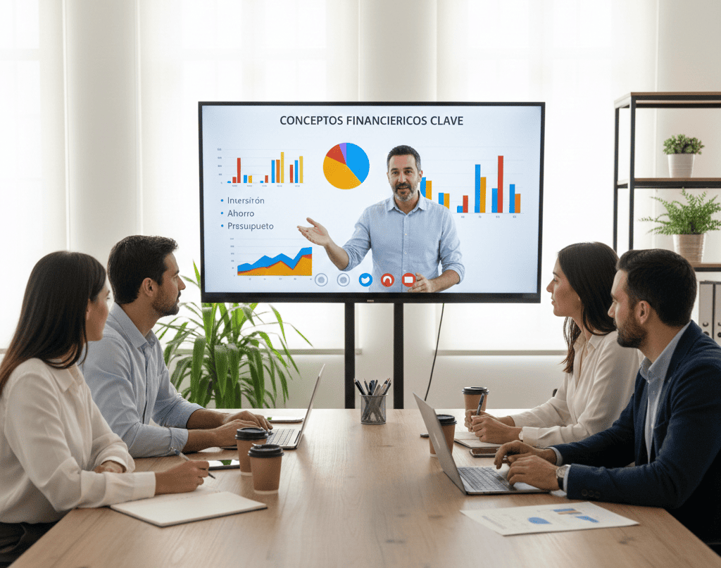 Personas participando en una sesión de aprendizaje online con instructor mostrando conceptos financieros en pizarra digital, ambiente profesional y colaborativo