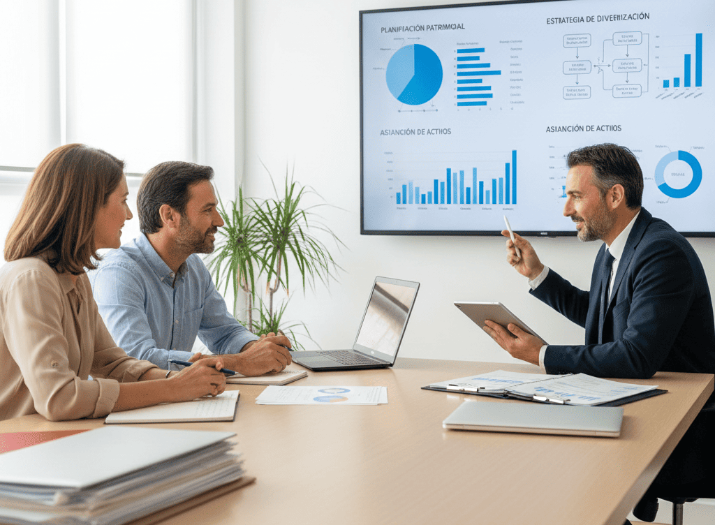 Instructor enseñando conceptos de educación financiera a grupo de empresarios en sala de capacitación moderna con gráficos y materiales didácticos