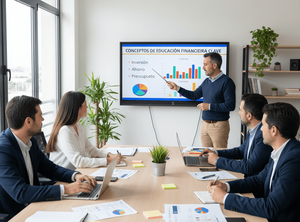 Asesor trabajando con familia en planificación patrimonial mostrando gráficos de activos y estrategias de diversificación en oficina moderna